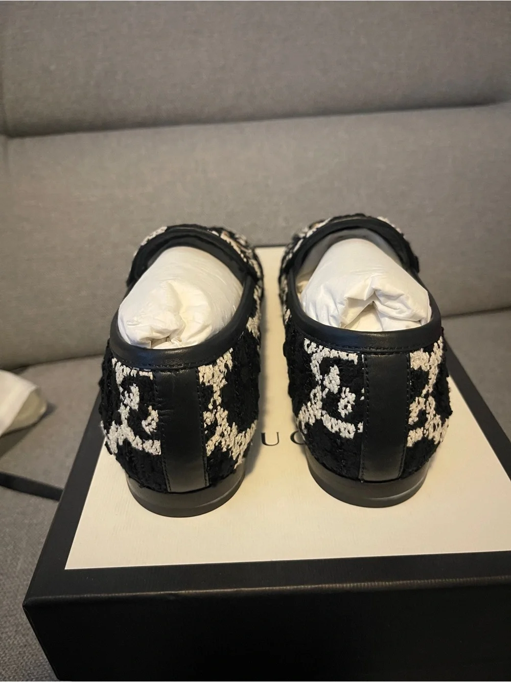 NWT Gucci Black & White GG Wool-Tweed Horsebit Loafers, 36.5